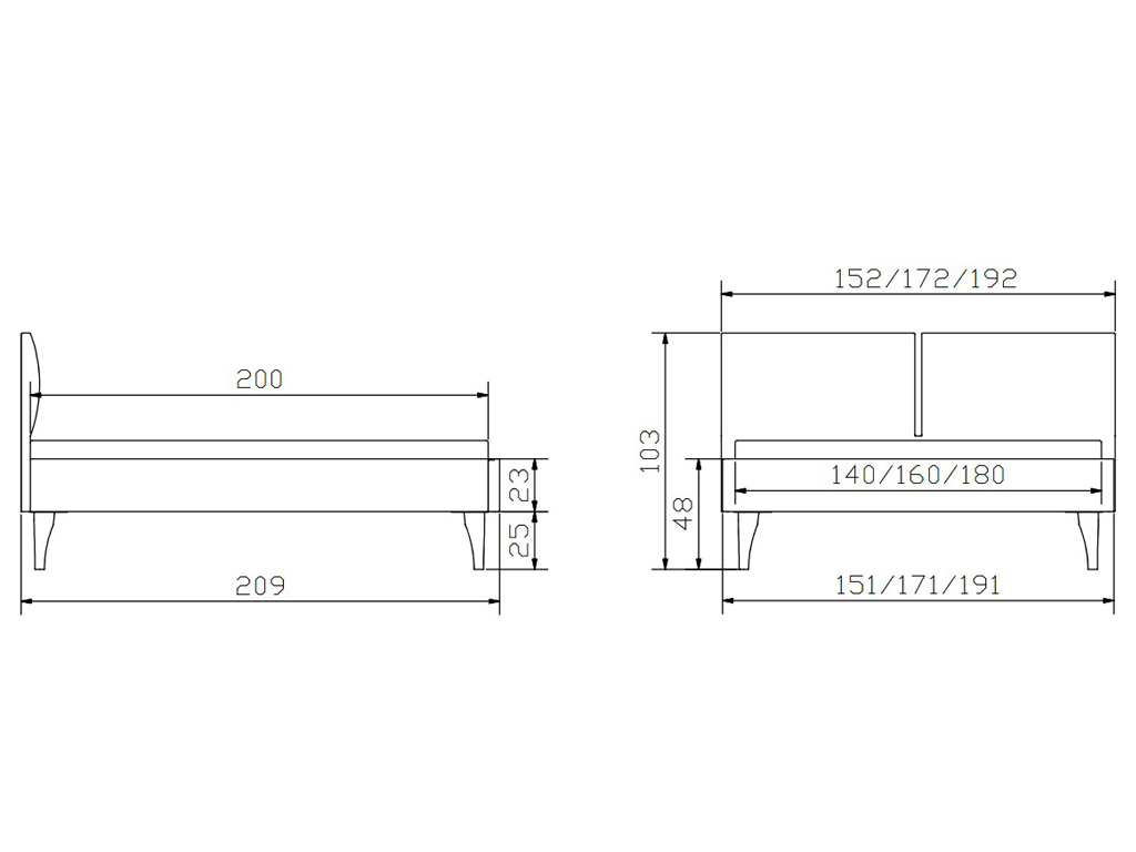 Eine schematische Zeichnung des Bettes von der Seite und von vorne, mit Maßangaben für eine Bettkastenhöhe von 25 cm.