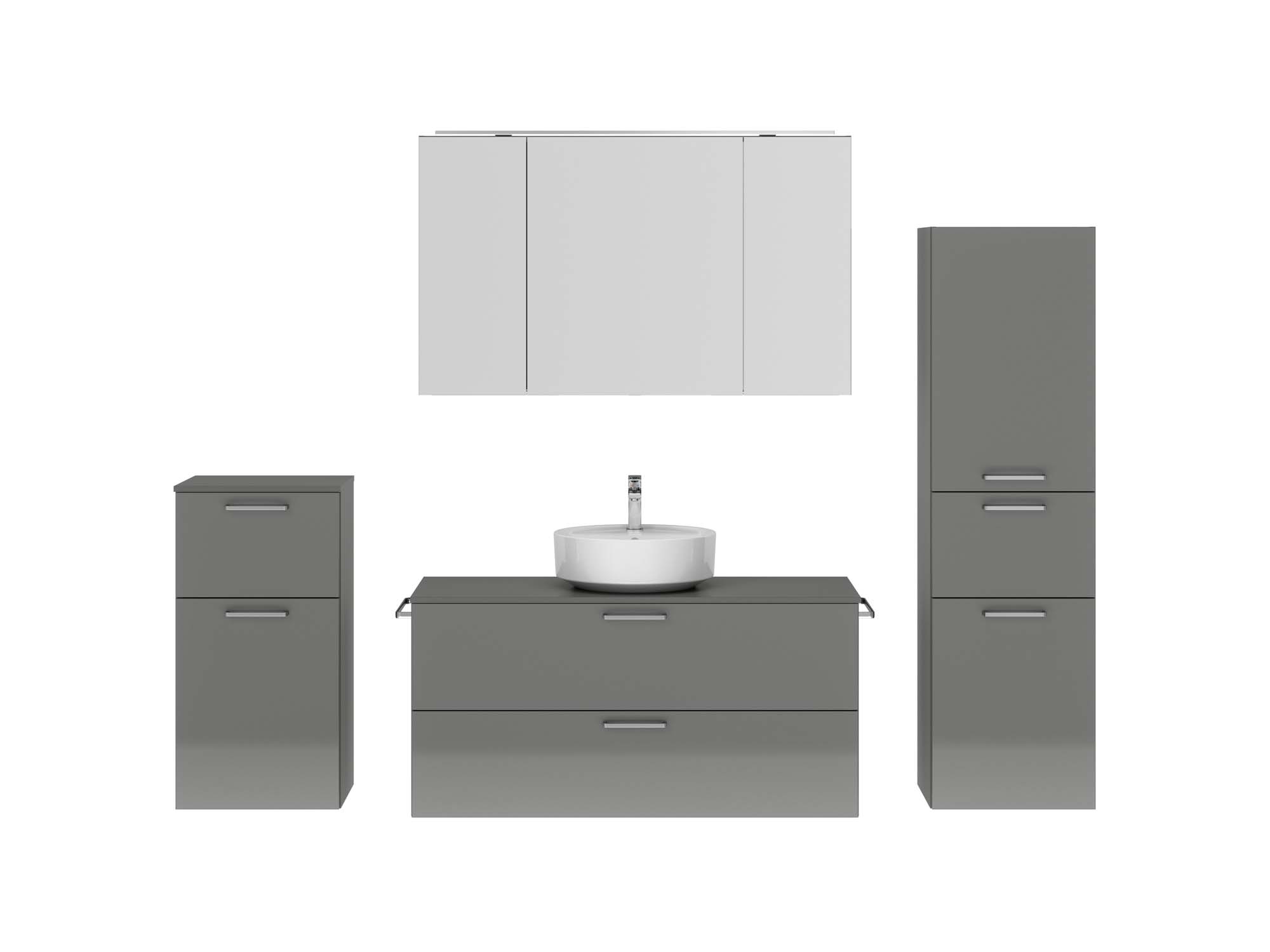 Badezimmermöbel-Set 3 Schränke grau mit Waschtisch und Spiegelschrank nobilia