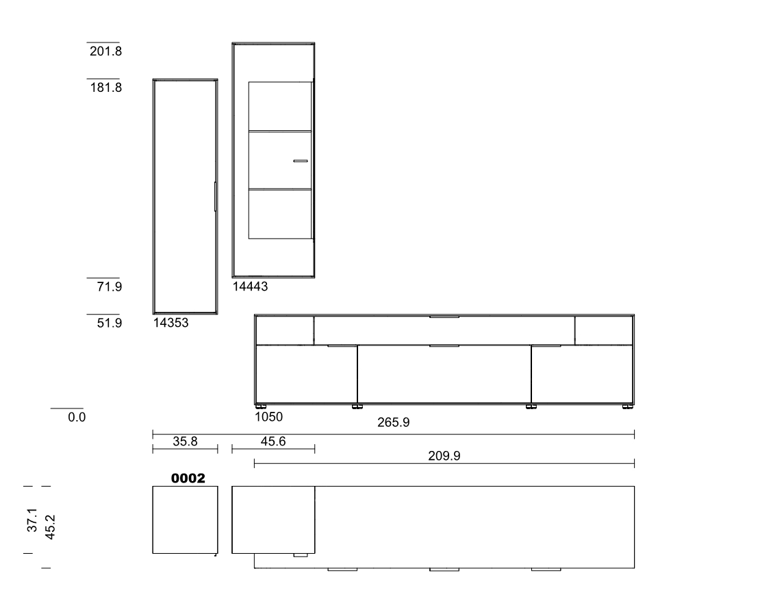 Technische Zeichnung zeigt die Maße und Details eines TV-Möbelstücks, inklusive Höhen- und Breitenangaben.