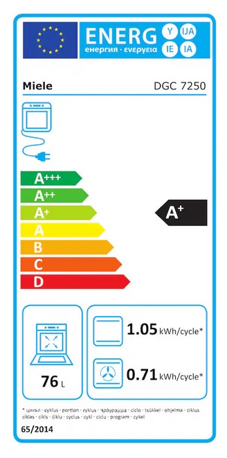EU-Energielabel für einen Miele DGC 7250 Backofen, das die Energieeffizienzklasse A+ ausweist. Das Label gibt ein Fassungsvermögen von 76 Litern, einen Energieverbrauch von 1,05 kWh/Zyklus für konventionelle Beheizung und 0,71 kWh/Zyklus für Heißluft an.