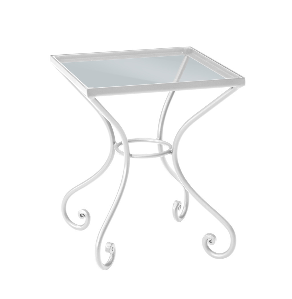 weißer Nachttisch auf filigranem Eisenmetallgestell mit Glasplatte vor weißem Hintergrund Cura von Hasena