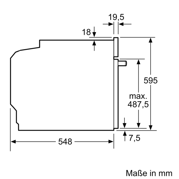 Diagramm mit den Abmessungen 548 mm Breite, 595 mm Höhe, und 18 mm bis 19,5 mm Tiefe für ein Produkt, beschriftet mit Maße in mm.