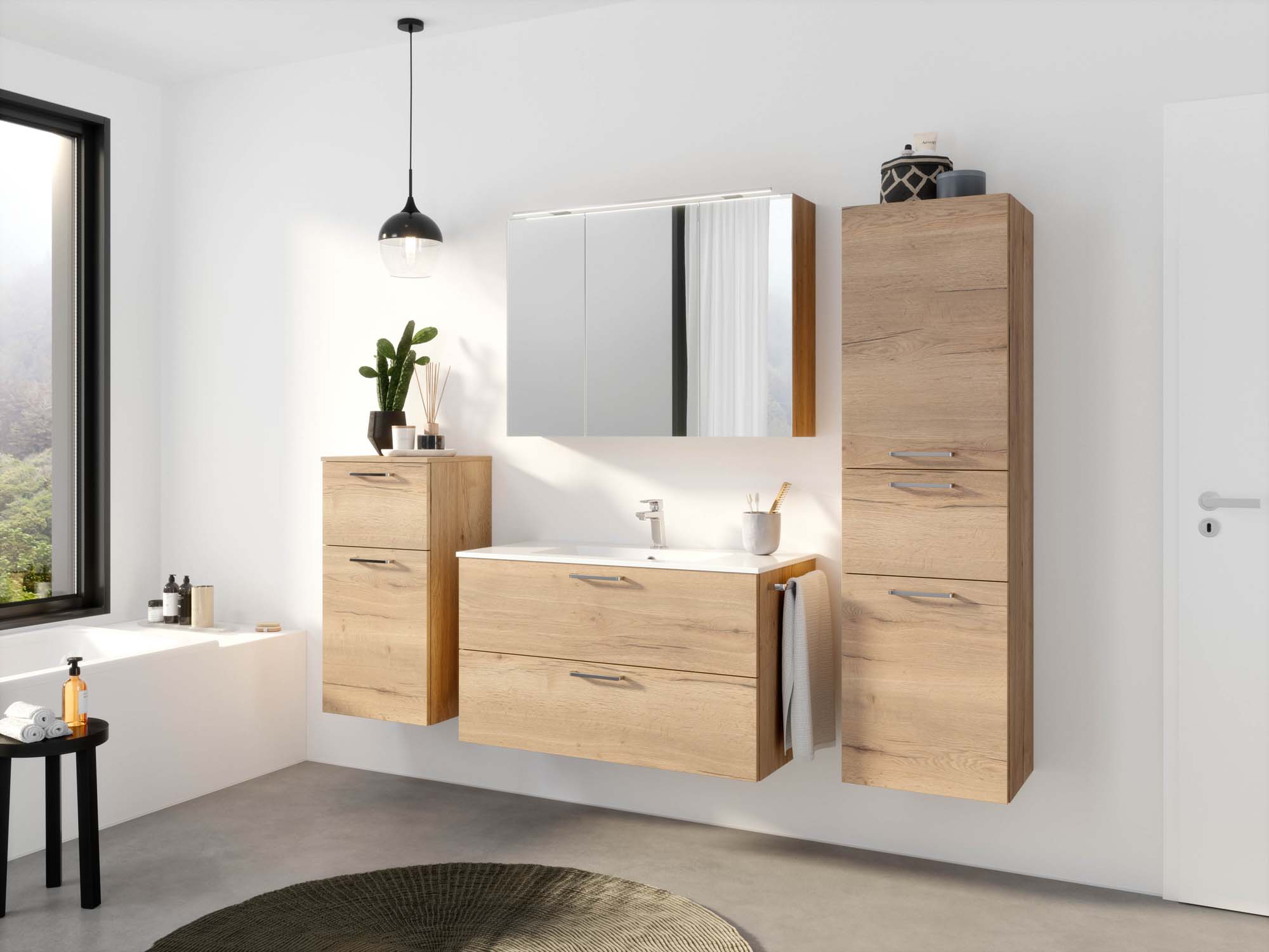 Badezimmermöbel-Set 3 Schränke Eiche Nachbildung mit Waschtisch und Spiegelschrank nobilia 