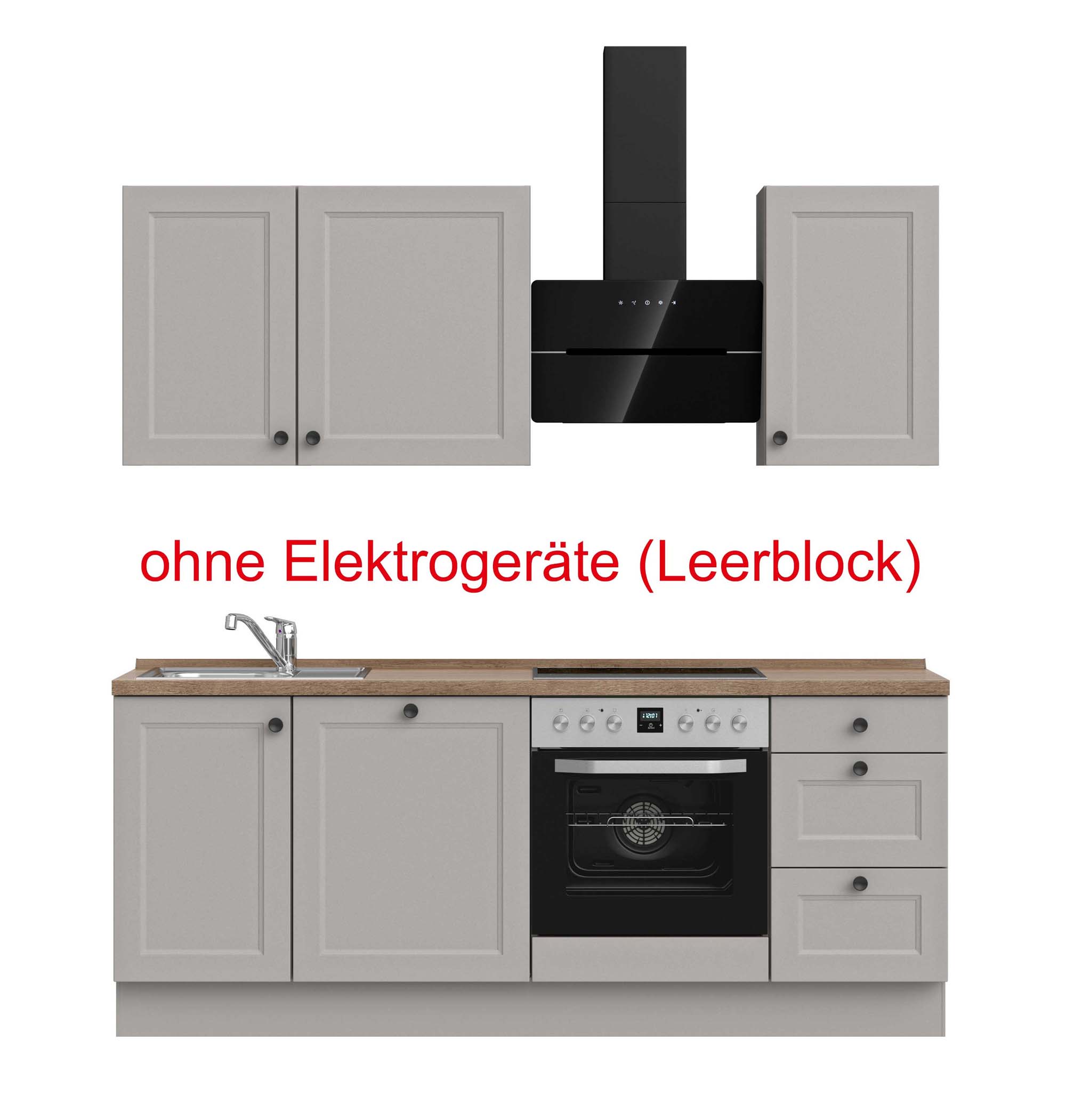 küchenzeile grau, braun mit Backofen, Herd, Dunstabzugshaube, Waschbecken, Armatur mit Hinweistext ohne Elektrogeräte (Leerblock) nobilia cascada