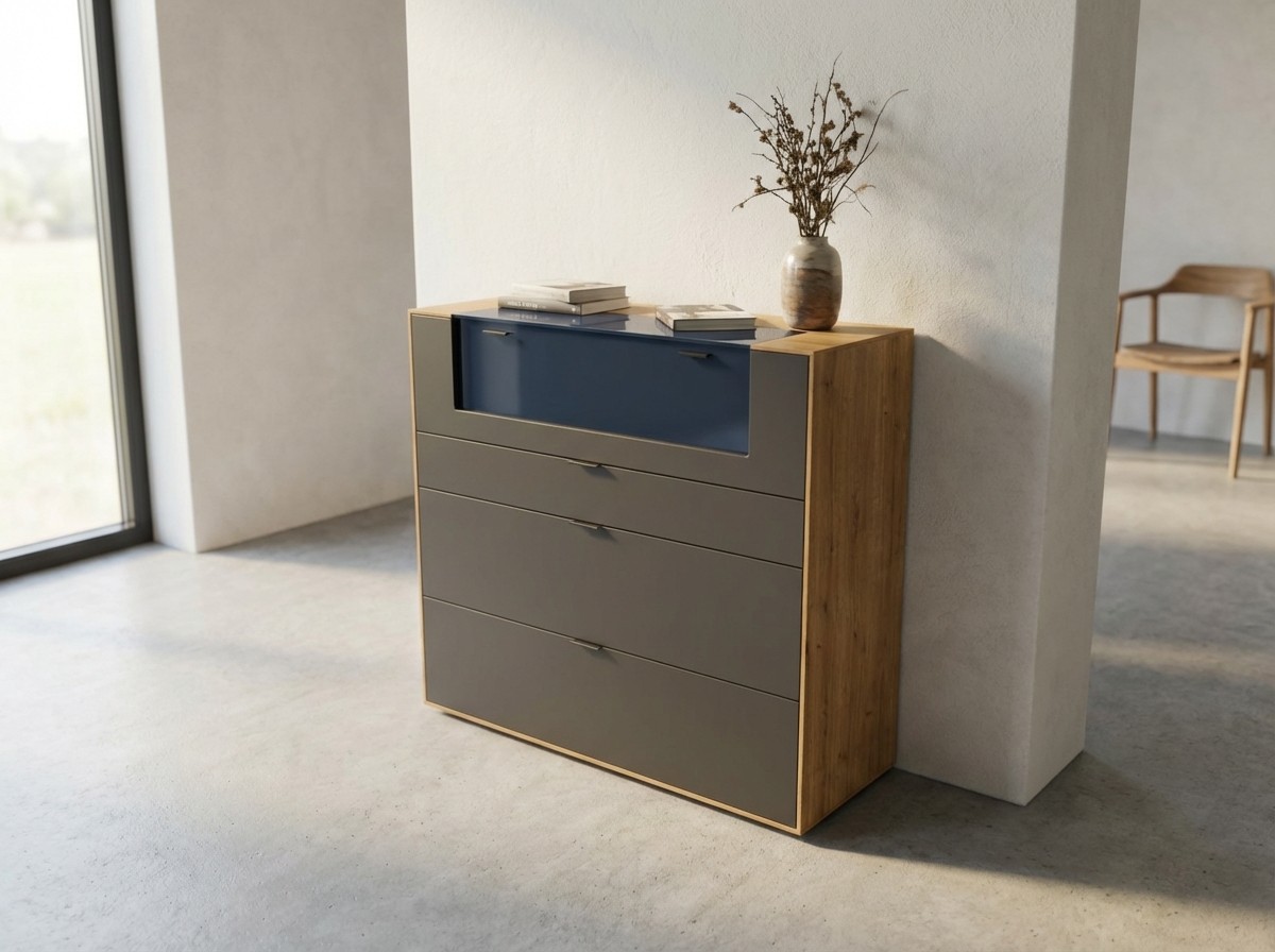 modernes braun graues Highboards stilvoll dekoriert in einem modernen Zimmer