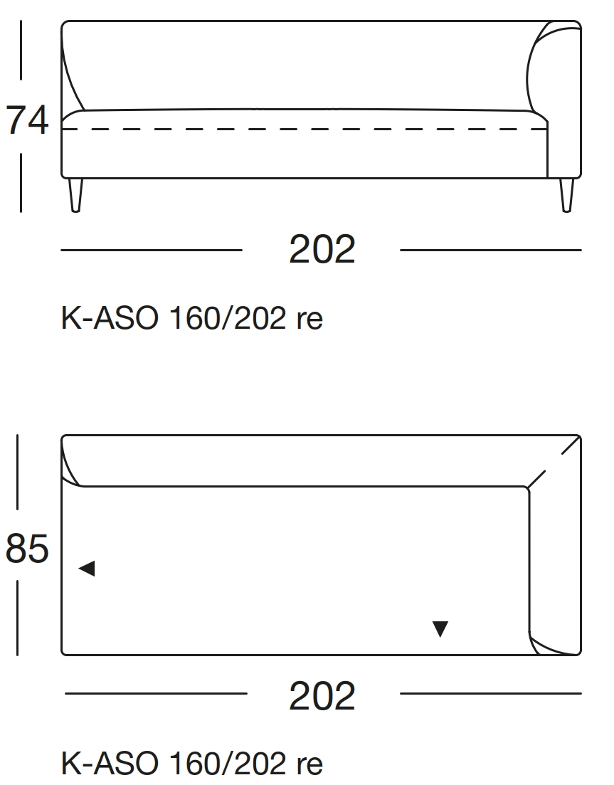 Maßzeichnung eines Sofaelements vor weißem Hintergrund freistil Rolf Benz 160