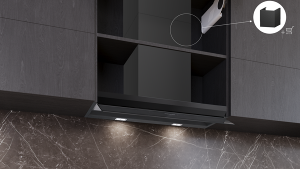 Innenansicht eines Küchenschranks mit eingebauter Siemens Dunstabzugshaube; Markierung zeigt den Platzbedarf für einen optionalen Kaminschacht.