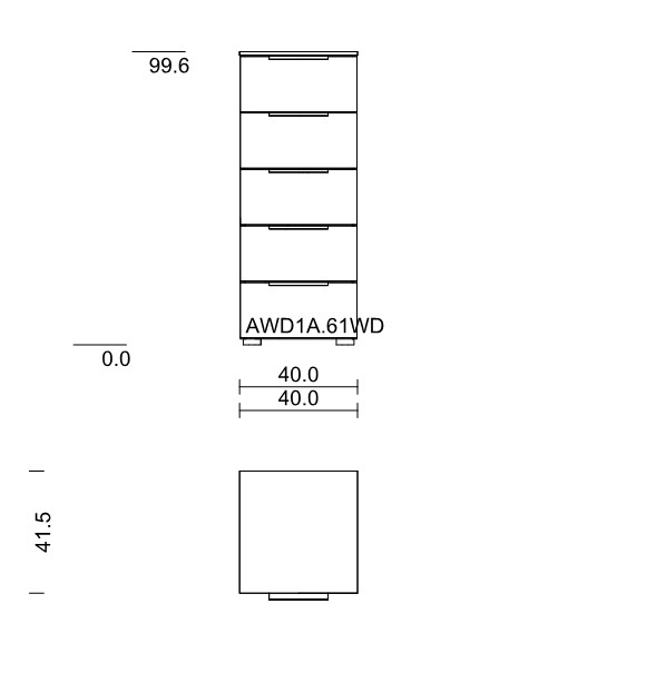 Maßzeichnung einer Kommode mit fünf Schubladen vor weißem Hintergrund