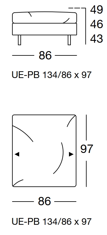 Maßzeichnung eines Sofaelement vor weißem Hintergrund freistil Rolf Benz 134