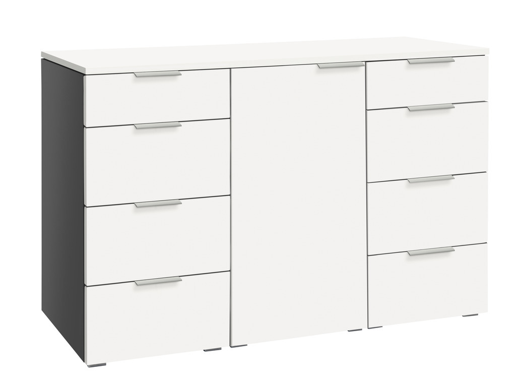 Hasena - Selezione Kommode Incentro | 8  Schubladen, 1 Tür | B: 135 cm | alle Ausführungen konfigurierbar graue kommode mit acht schubladen und einer Tür front und obere seite in weiß vor weißem hintergrund incentro von hasena