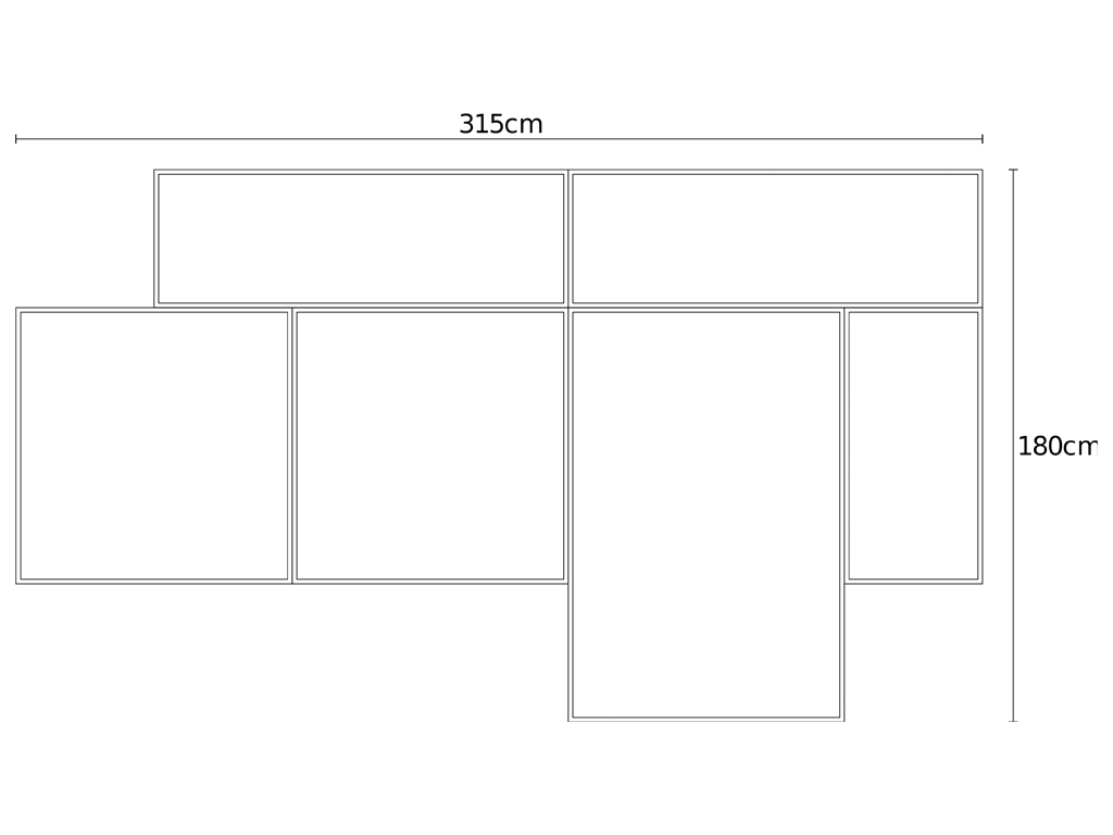 Eine schematische Strichzeichnung eines modularen Outdoor-Sofas, das aus mehreren rechteckigen Elementen in einer L-Form besteht. Die Gesamtmaße sind mit 315 cm Länge und 180 cm Tiefe angegeben.