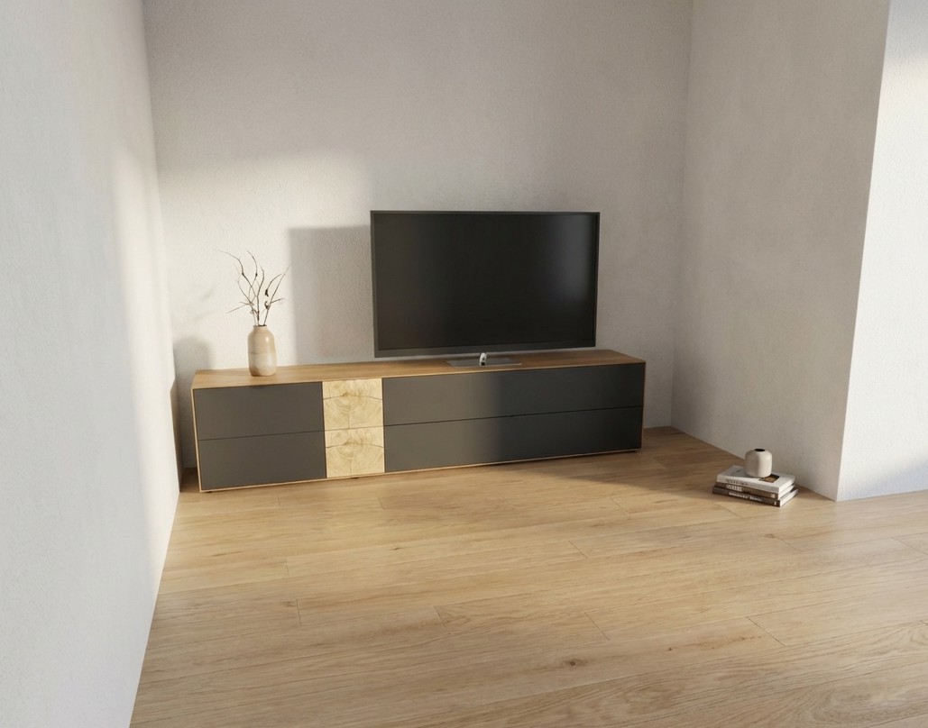 modernes braun graues Lowboard stilvoll dekoriert in einem modernen Zimmer