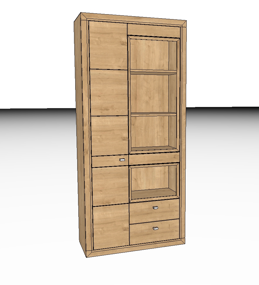 Wöstmann Aurum - Hochschrank mit offenen Fächern | Type 5937/5938 | B: 92,2 cm | Wildeiche massiv | konfigurierbar Ein großer Holzschrank mit mehreren Regalfächern und Schubladen, ideal für die Aufbewahrung im Wohn- oder Arbeitsraum.