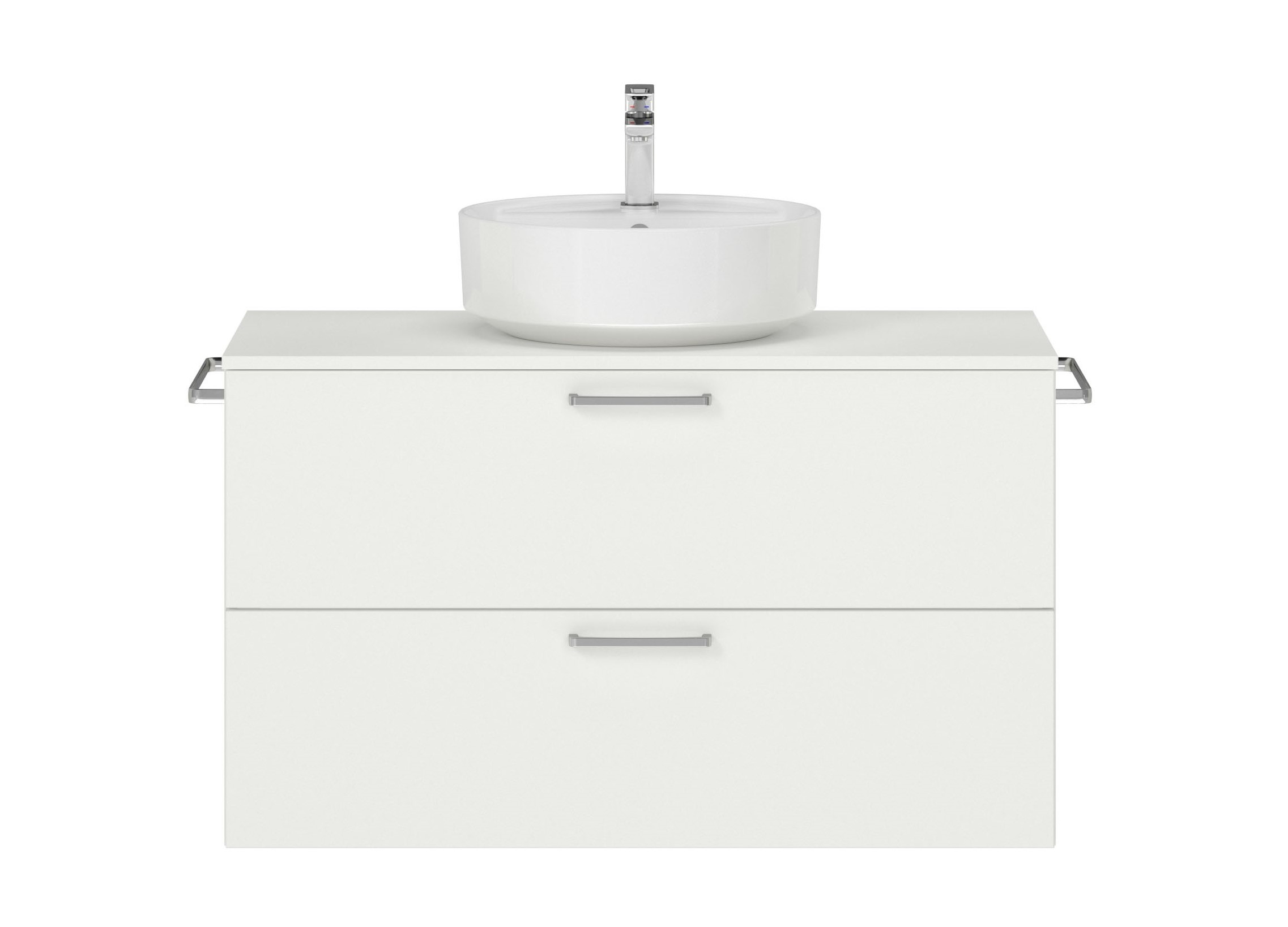 Badschrank weiß mit zwei Schubladen mit rundem Aufsatzwaschbecken Handtuchhaltern und Armatur nobilia