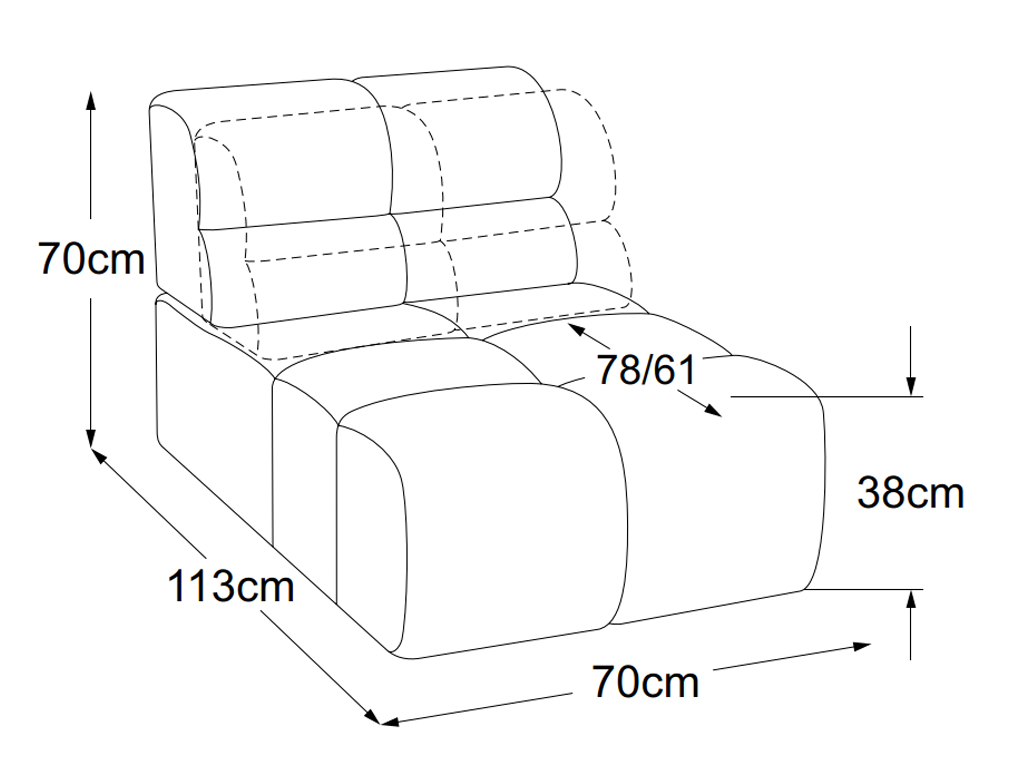 designwerk Temple - Element 70 ohne Armteil | B: 70 cm | mit Rückenverstellung | D021118 Maßzeichnung eines Sofaelements vor weißem Hintergrund designwerk Temple