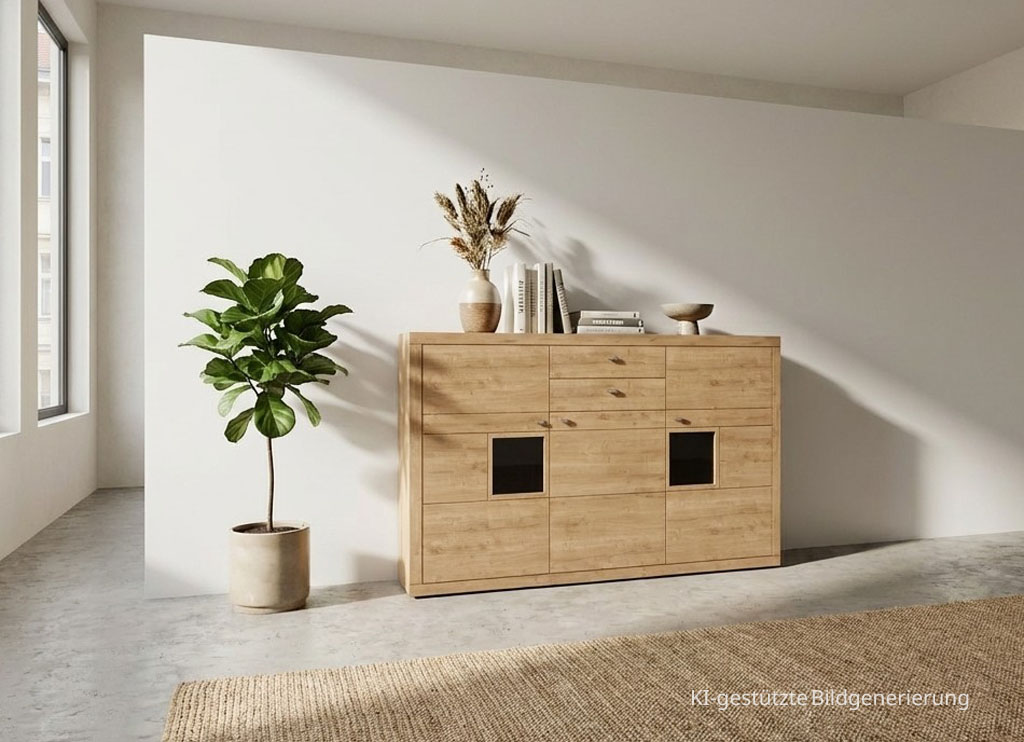 moderner braunes Highboard stilvoll dekoriert in einem hellen Raum, Bild KI generiert