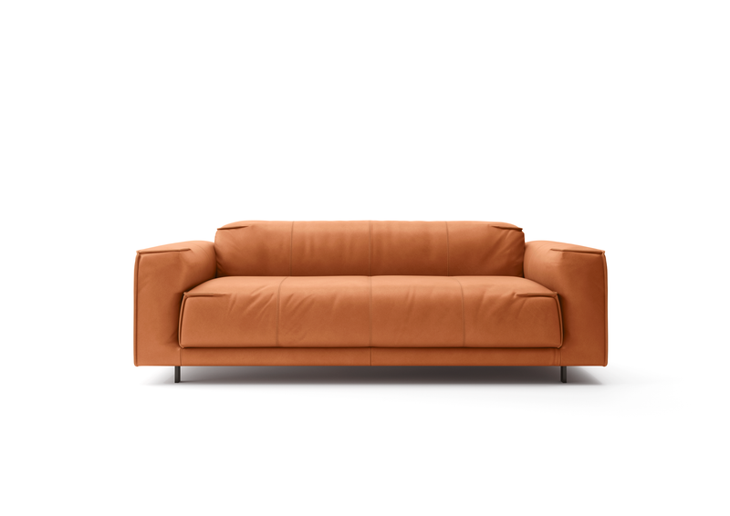 Ein modernes, orangefarbenes Sofa mit schlichten Linien und komfortablem Polster.