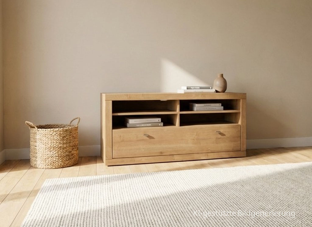 modernes braunes Lowboard stilvoll dekoriert in einem hellen Raum, Bild KI generiert