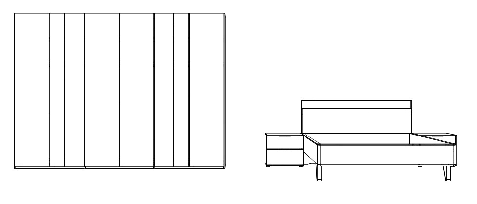 Illustration von einem Schrank und einem Bett mit zwei Konsolen vor weißem Hintergrund