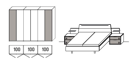 Illustration von einem Schrank mit sechs Türen und Maßangaben und einem Bett mit zwei Konsolen vor weißem Hintergrund
