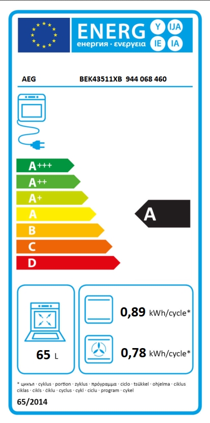 Energieetikett für AEG Backofen mit Klasse A, 65 Liter, 0,78 kWh pro Zyklus