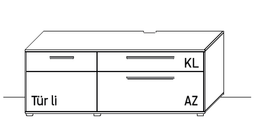 Maßzeichnung eines Lowboards vor weißem Hintergrund