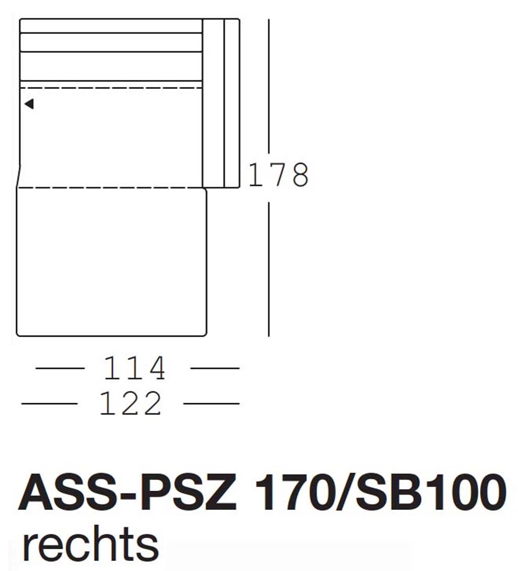 freistil Rolf Benz 170 - Abschlusssessel mit Polstersitz rechts | Sitzbreite: 100 cm | ASS-PSZ 170/SB100re Maßzeichnung eines Sofaelements vor weißem Hintergrund freistil Rolf Benz 170