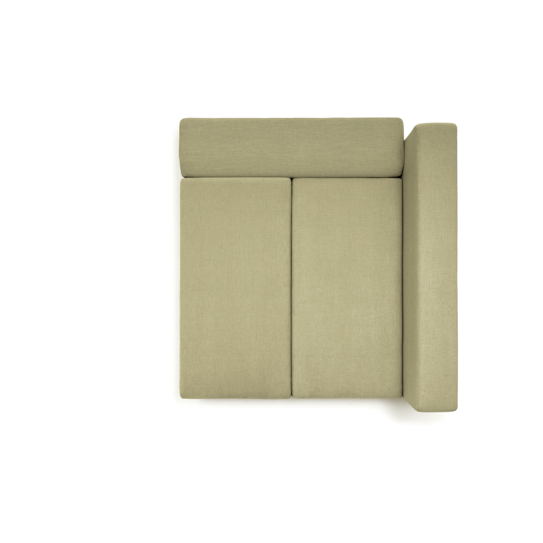 Draufsicht eines beigen Ecksofas aus Stoff, Stilvolle Möbeldesign für modernes Wohnen