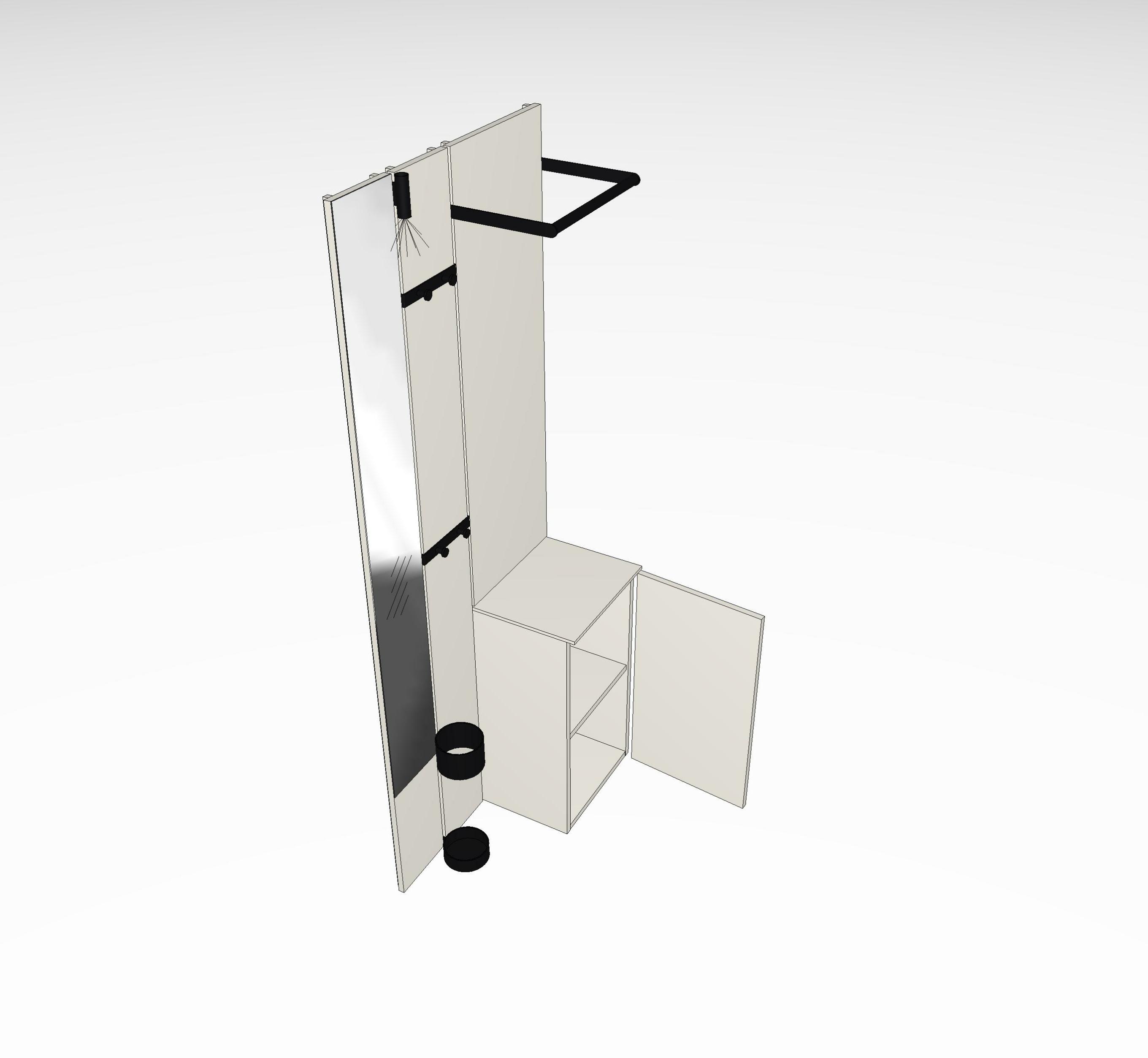 3D-Modell eines modernen Garderobenständers mit integriertem Spiegel, schwarzem Kleiderhaken und offenem Regal.