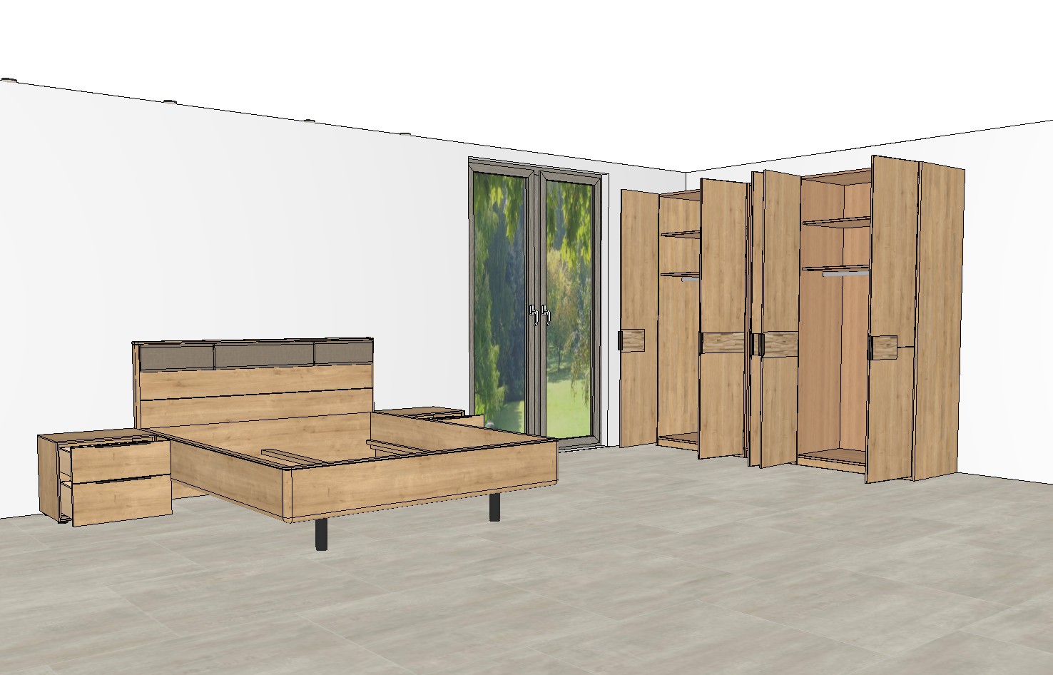 fünftüriger brauner Kleiderschrank und Bett mit Nachtschränken als Planungsbild einem modernen Raum