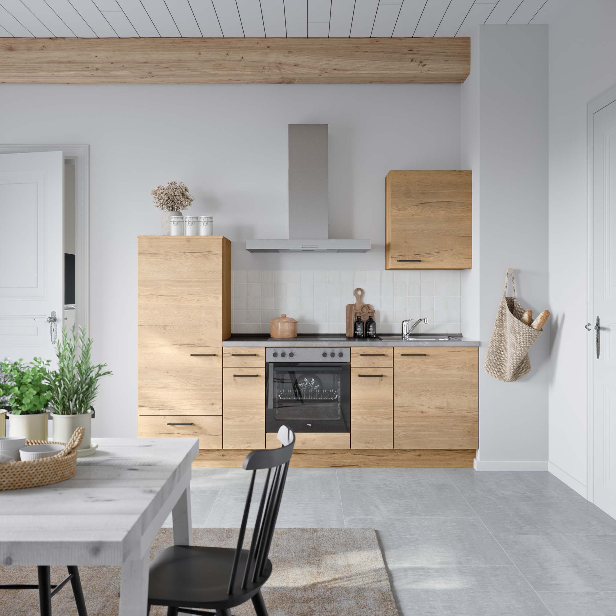 küchenzeile braun, grau mit Backofen, Herd, Dunstabzugshaube, Waschbecken, Armatur nobilia structura