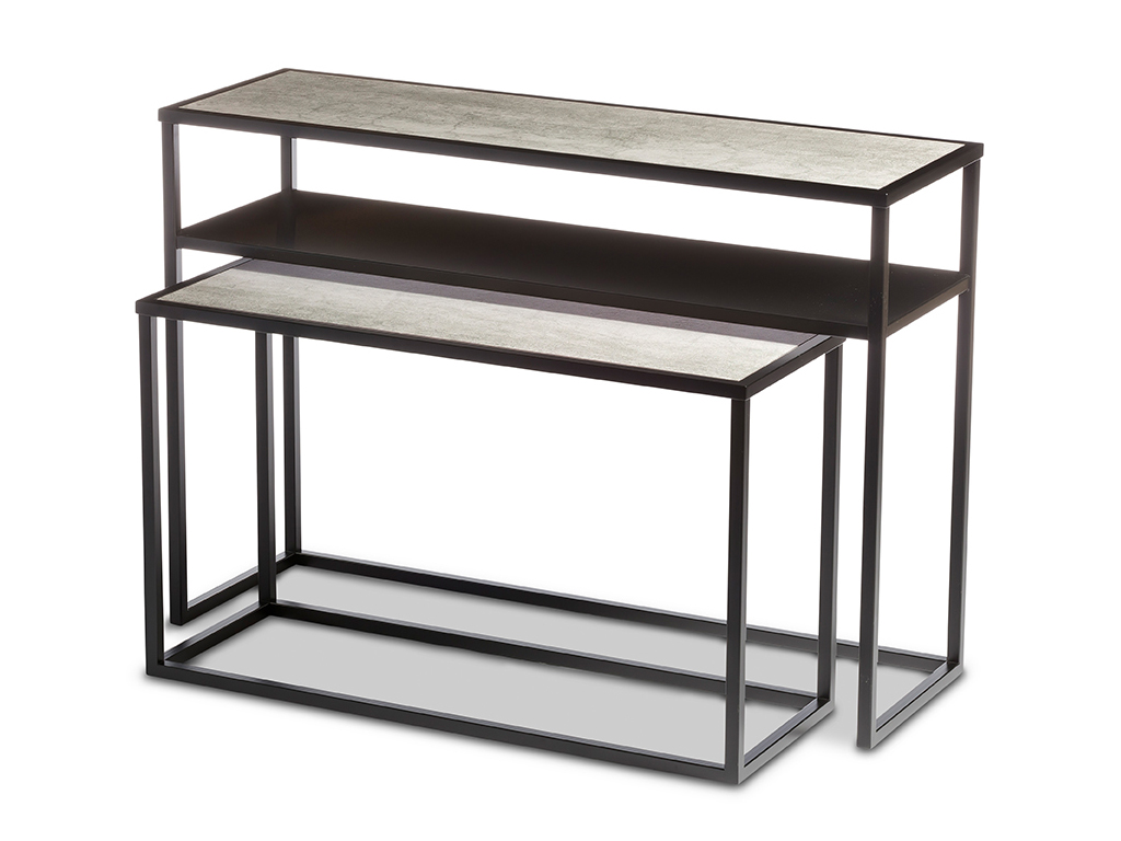 designwerk Tische - Konsolen Set Zwei moderne Konsolentische aus Metall mit Glasplatten, ineinander verschachtelt für platzsparendes Design