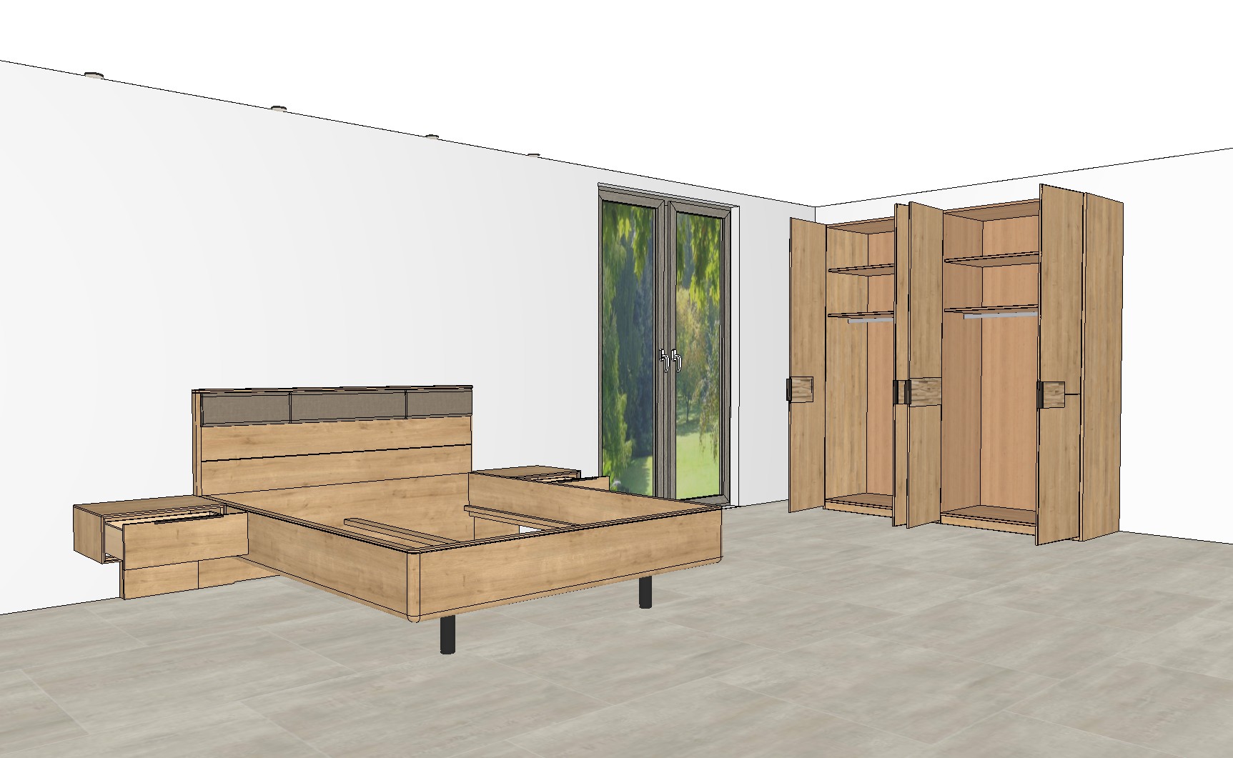 viertüriger brauner Kleiderschrank und Bett mit Hängenachtschränken als Planungsbild einem modernen Raum