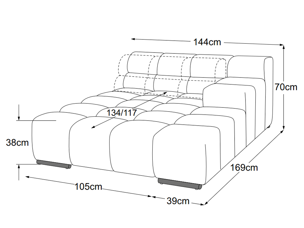 designwerk Temple - Recamiere Armteil rechts | B: 144 cm | mit Rückenverstellung | D021135 Maßzeichnung eines Sofaelements vor weißem Hintergrund designwerk Temple