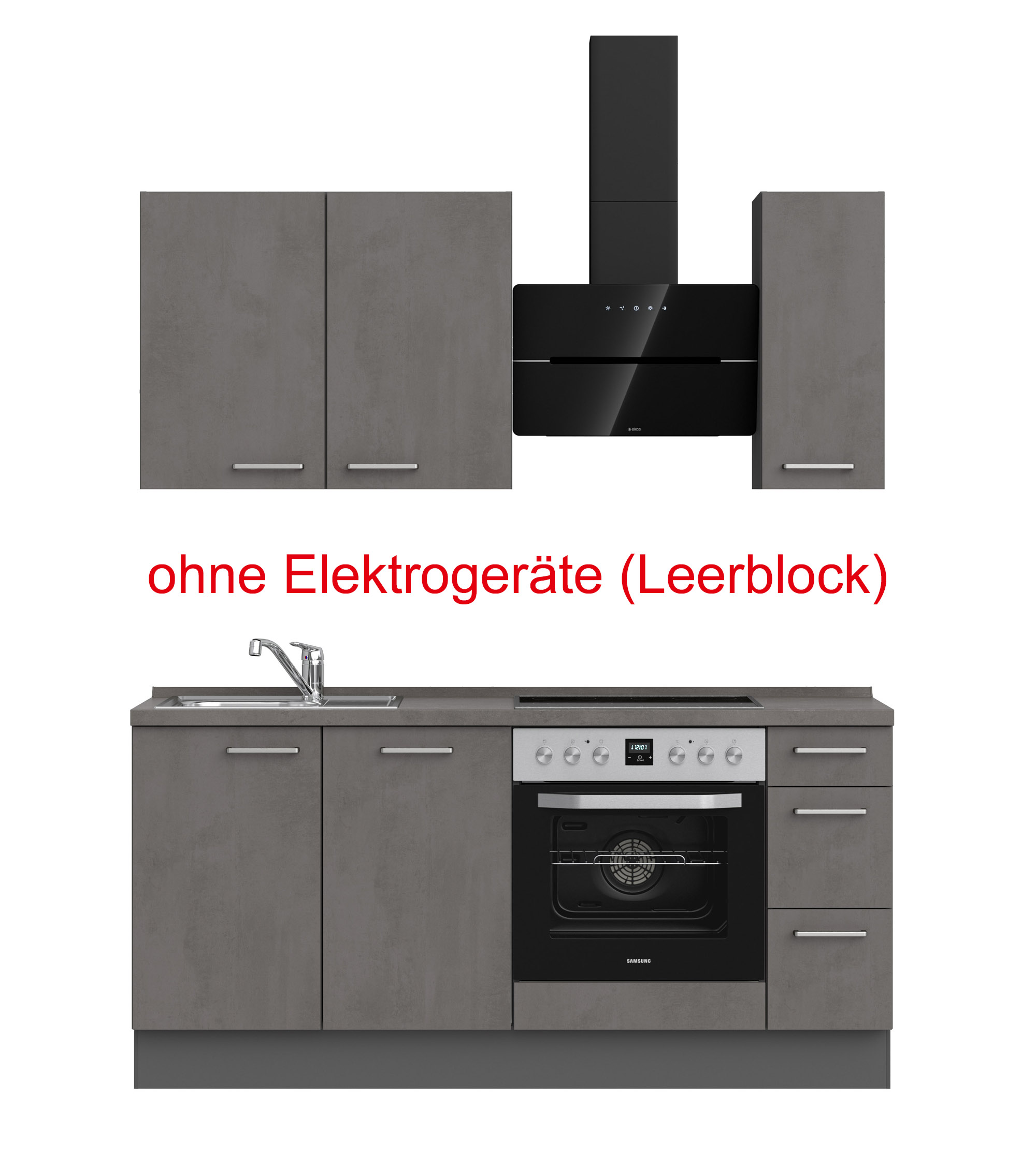küchenzeile grau mit Backofen, Herd, Dunstabzugshaube, Waschbecken, Armatur mit Hinweistext ohne Elektrogeräte (Leerblock) nobilia riva