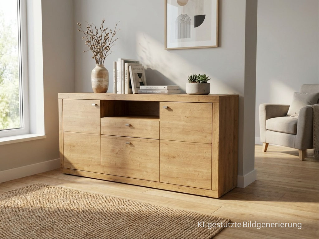 modernes braunes Sideboard stilvoll dekoriert in einem hellen Raum, Bild KI generiert