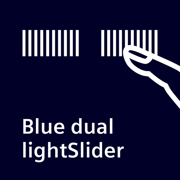 Grafik eines blauen dualen Lichtschiebers mit Finger und Lichtbalken auf dunklem Hintergrund