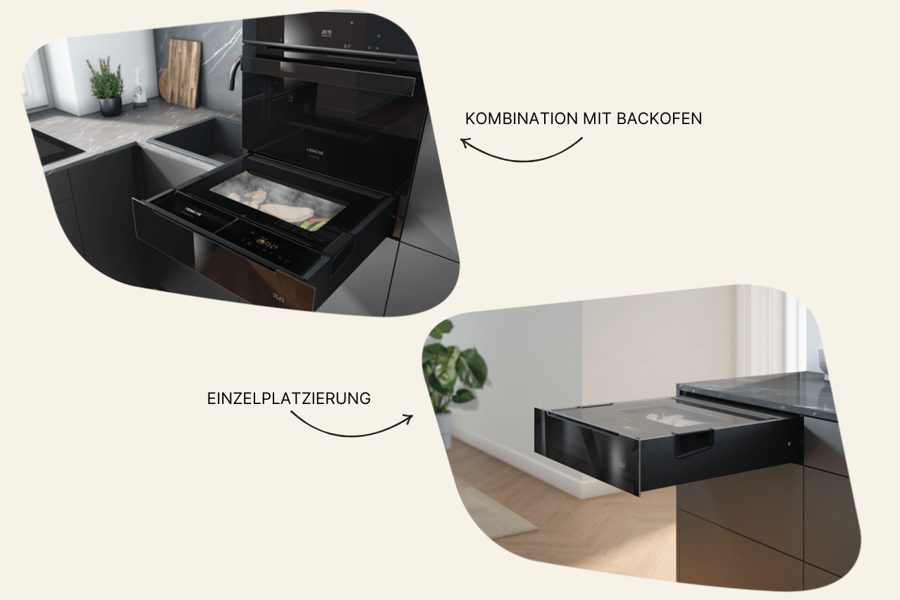 Zwei Anwendungsbeispiele der Dampfschublade: Links unter einem Backofen eingebaut, rechts als Einzelplatzierung in einer Kücheninsel.