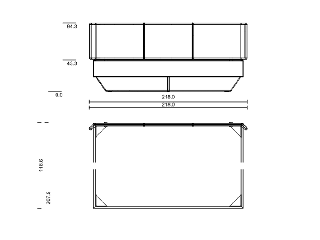 Schematische Darstellung eines Sofas mit den Maßen 218 x 118,6 cm, inklusive Seitenansicht und Draufsicht. Enthält detaillierte Maßangaben in Zentimetern.