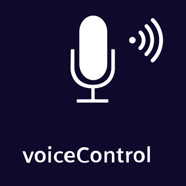 Abbildung eines Mikrofons mit Schallwellen und der Aufschrift 'voiceControl', Symbol für Sprachsteuerung