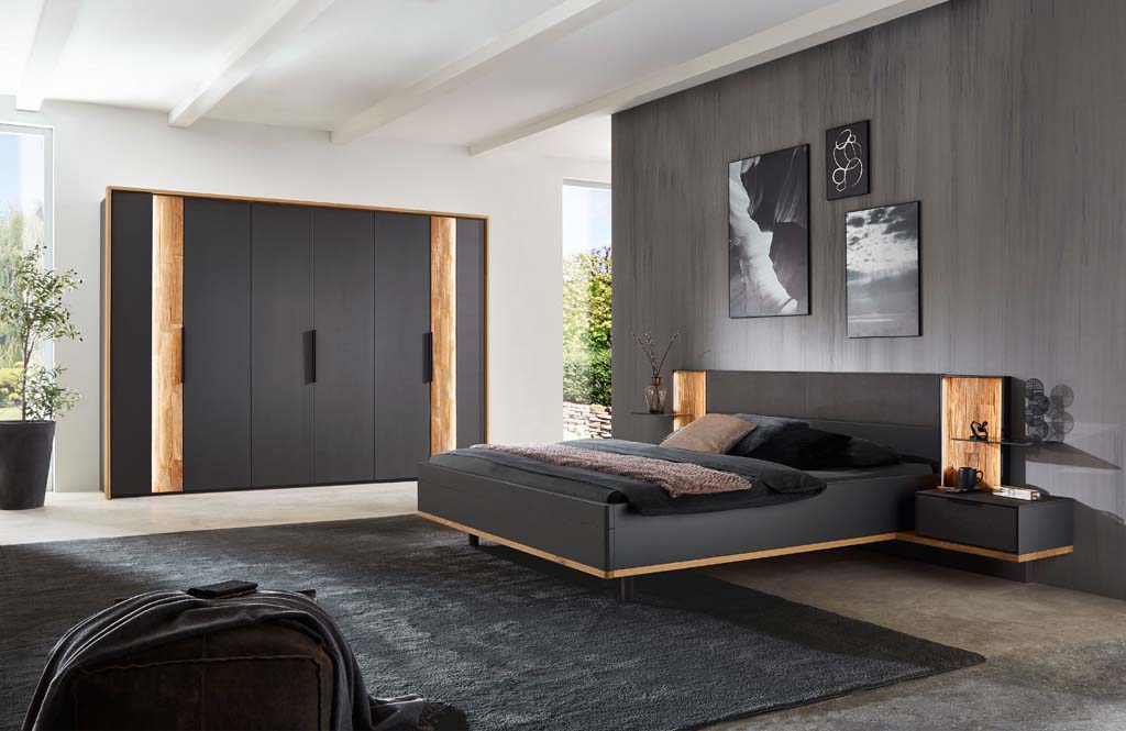 Wöstmann WSL 8800 - Schlafzimmer (Vorzugskombination) | Lack mit Spaltholzakzent | Schrank 6 -türig, Bett 180 x 200 cm, 2 Konsolen 6türiger Kleiderschrank und Bett mit Konsolen schwarz Wöstmann WSL 8800