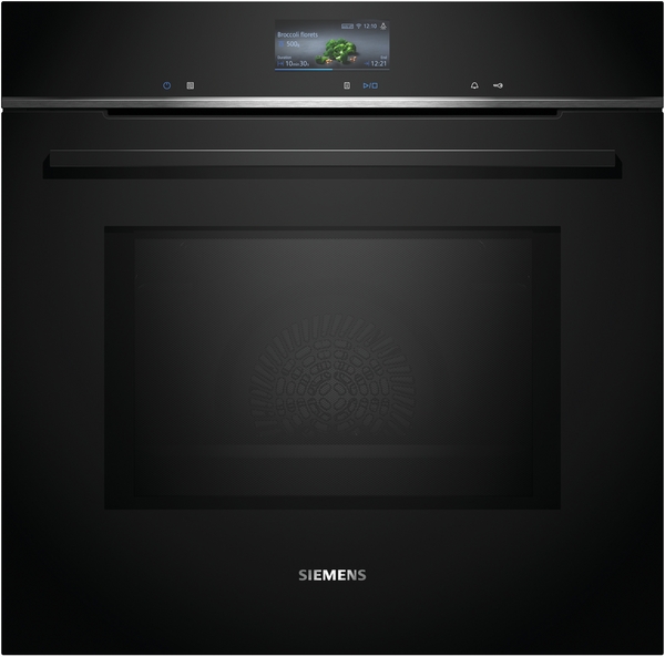 Siemens powerLine - Einbau-Backofen mit Mikrowellenfunktion iQ700 (60x60 cm ) | HM736G1B1 Vorderansicht eines Siemens Einbau-Backofens mit elegantem Touchscreen und zeitgemäßer Optik.