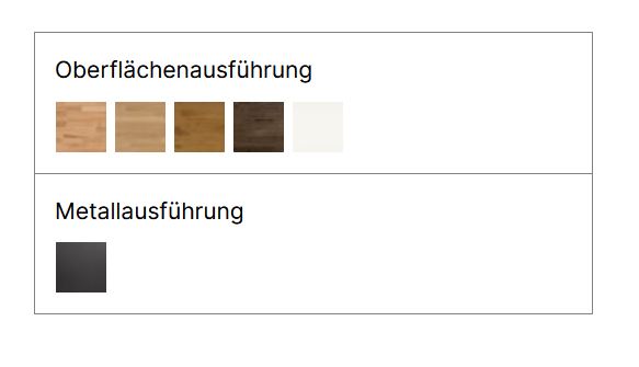 Oberflächenausführungen in tabellenform vor weißem hintergrund