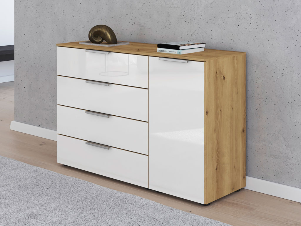 beige Kommode mit weißer Front mit vier Schubladen und einer Drehtür stilvoll dekoriert in einem modernen raum