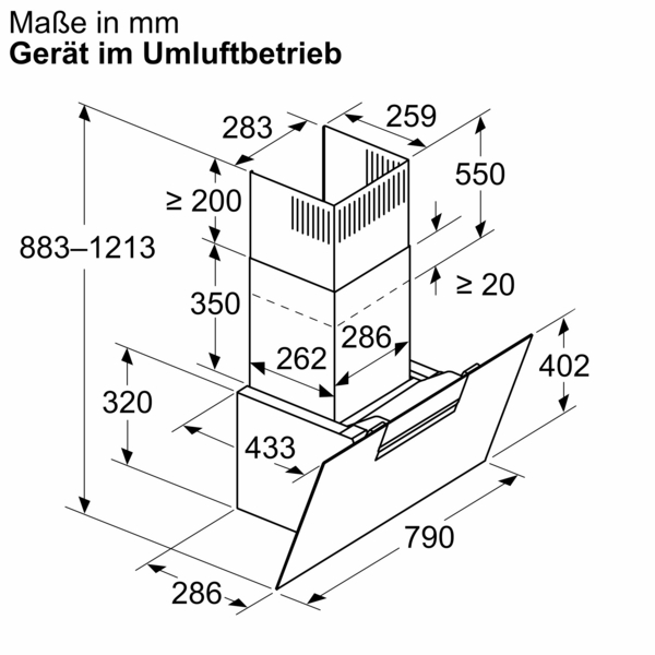 Technische Zeichnung einer Dunstabzugshaube mit Bemaßungen für den Umluftbetrieb in Millimetern