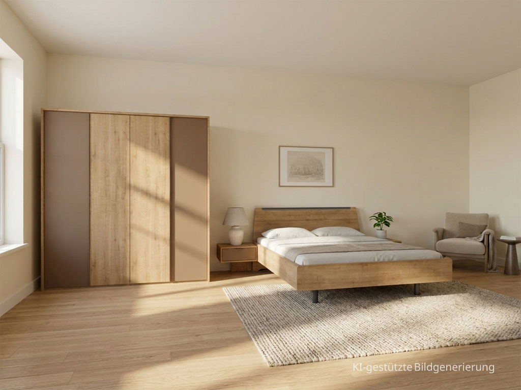 Modernes braunes Schlafzimmer mit einem viertürigen Kleiderschrank, Doppelbett und zwei Konsolen stilvoll dekoriert in einem modernen Zimmer generiert, Bild KI-generiert