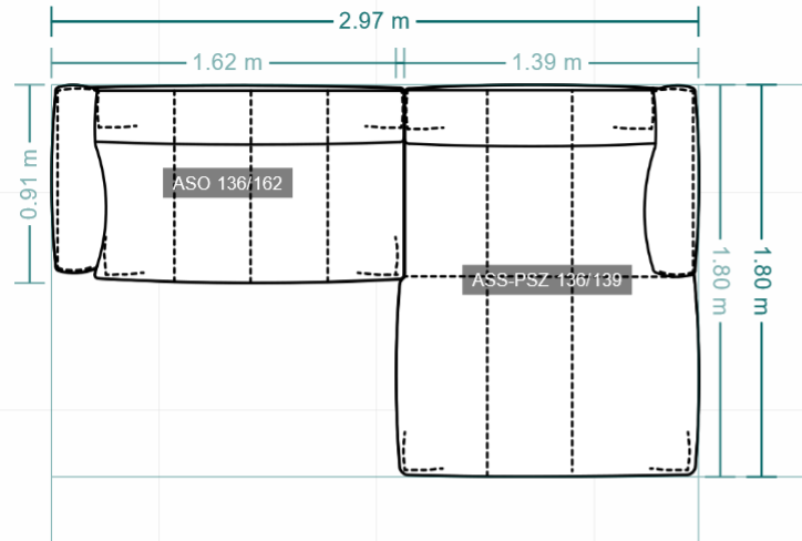 Skizze eines L-förmigen Sofas mit genauen Maßen in Metern, einschließlich Länge, Breite und Höhe.