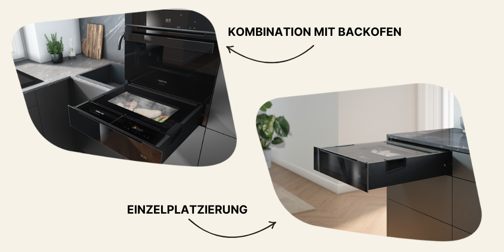 Zwei Anwendungsbeispiele der Dampfschublade: Links unter einem Backofen eingebaut, rechts als Einzelplatzierung in einer Kücheninsel.