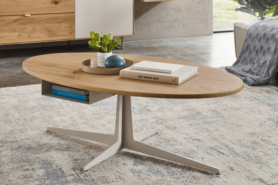 Ovaler Holz Couchtisch mit Holztischplatte und Metall Gestell