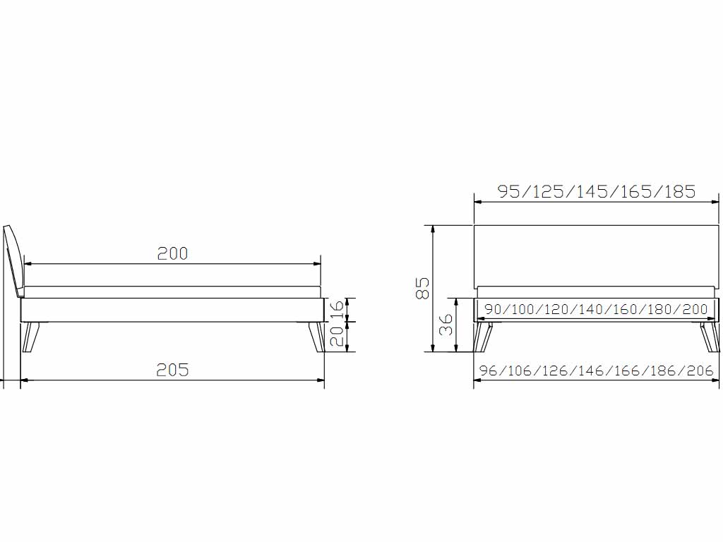 Detaillierte technische Zeichnung eines Bettes mit verschiedenen Maßangaben in Zentimetern, einschließlich Länge, Breite und Höhe. Geeignet für die Planung und Konstruktion von Bettmöbeln.